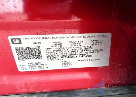 2020 Chevrolet Trax 1Lt z USA, uszkodzony, nr VIN 3GNCJPSB2LL145735